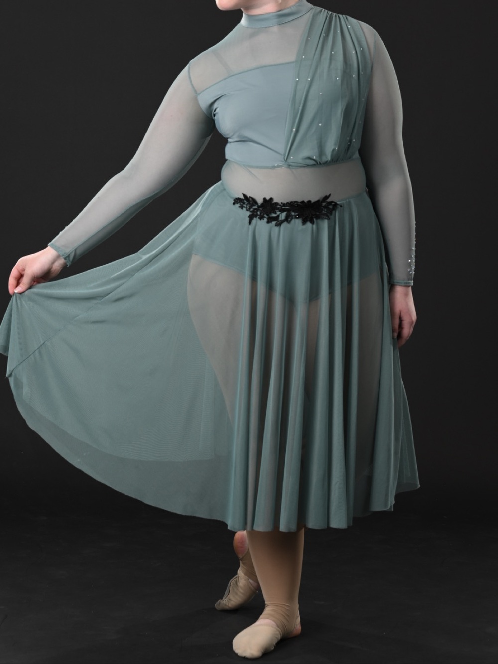 Lyrical Costume- Sheer Green Mesh Ballet Skirt with Decorative Waist